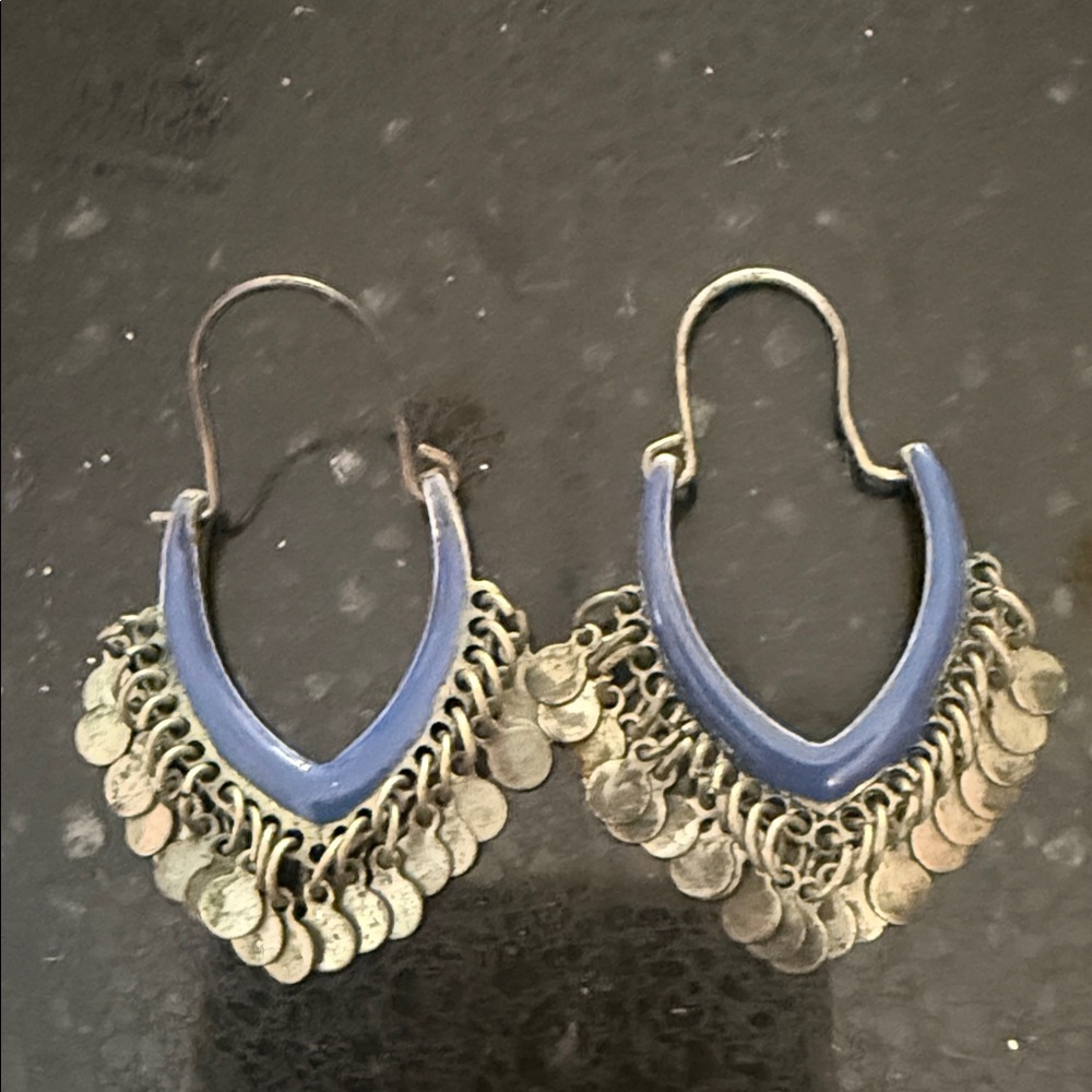 Vintage Blue Enamel Fringe Coin Drop Earrings tribal boho